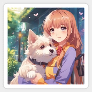 Anime Girl with a cute Dog #013 Sticker